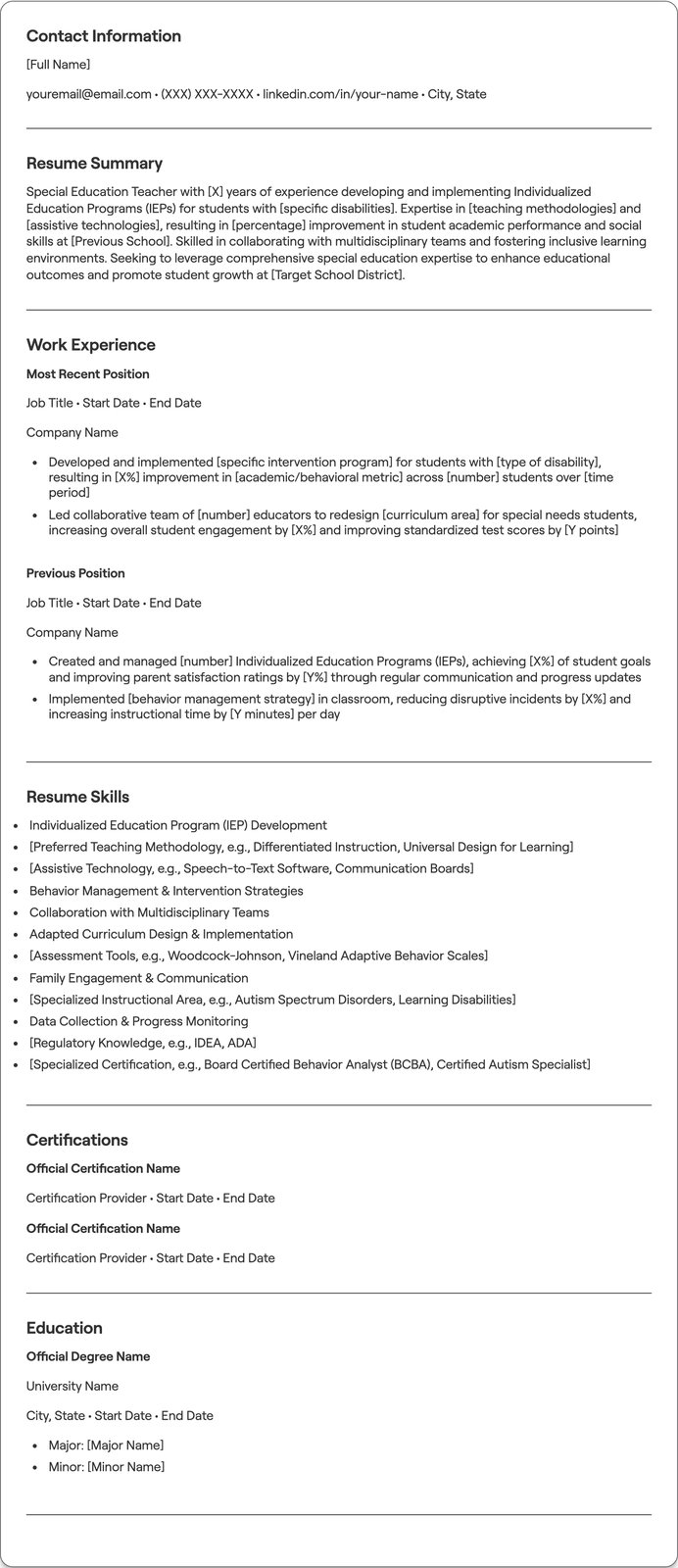 Special Education Teacher resume example