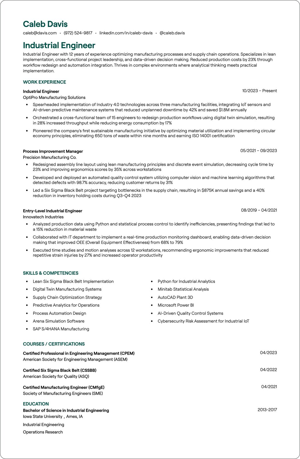 Industrial Automation Engineer resume example