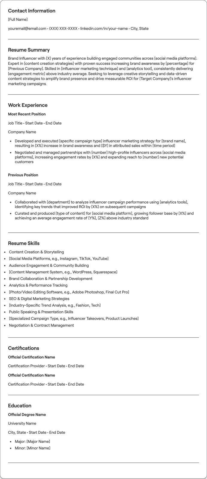 Brand Influencer resume example