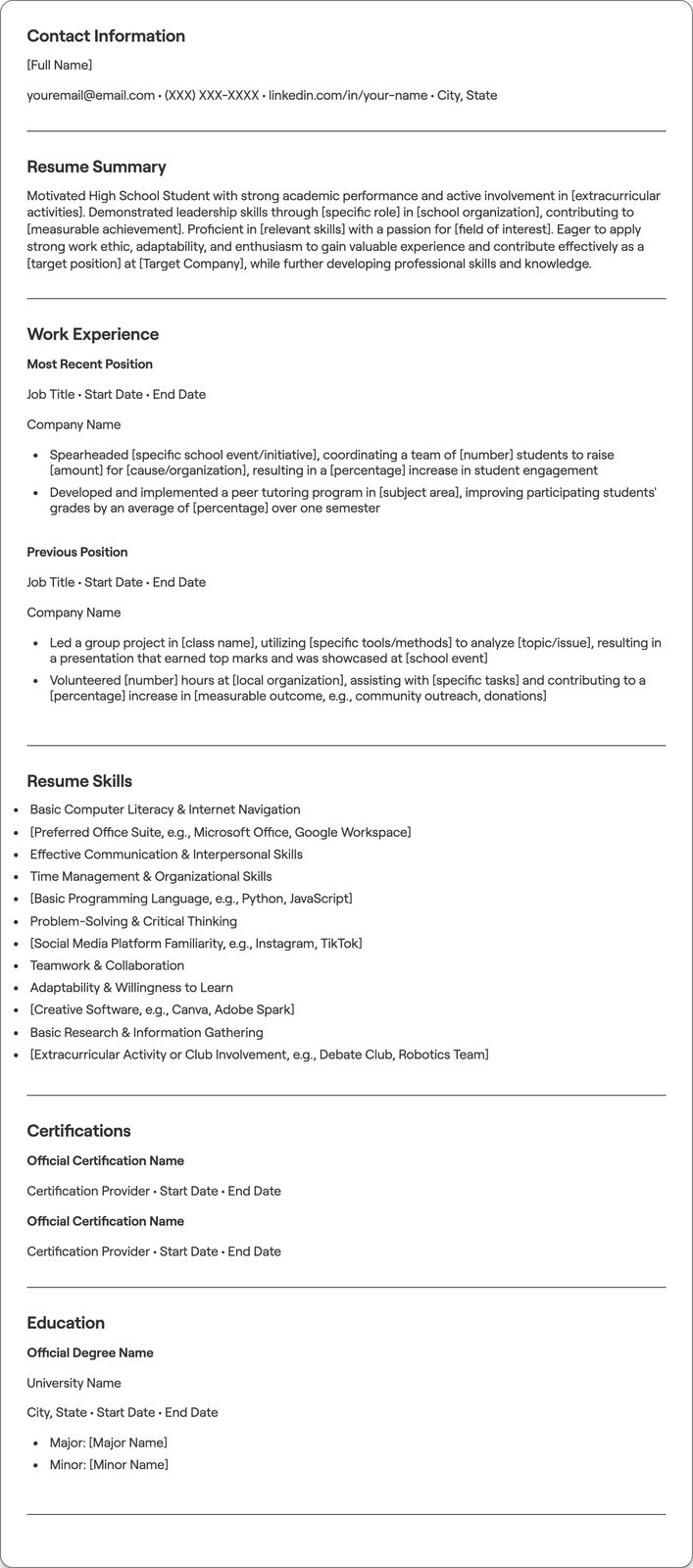 High School Student with No Experience resume example