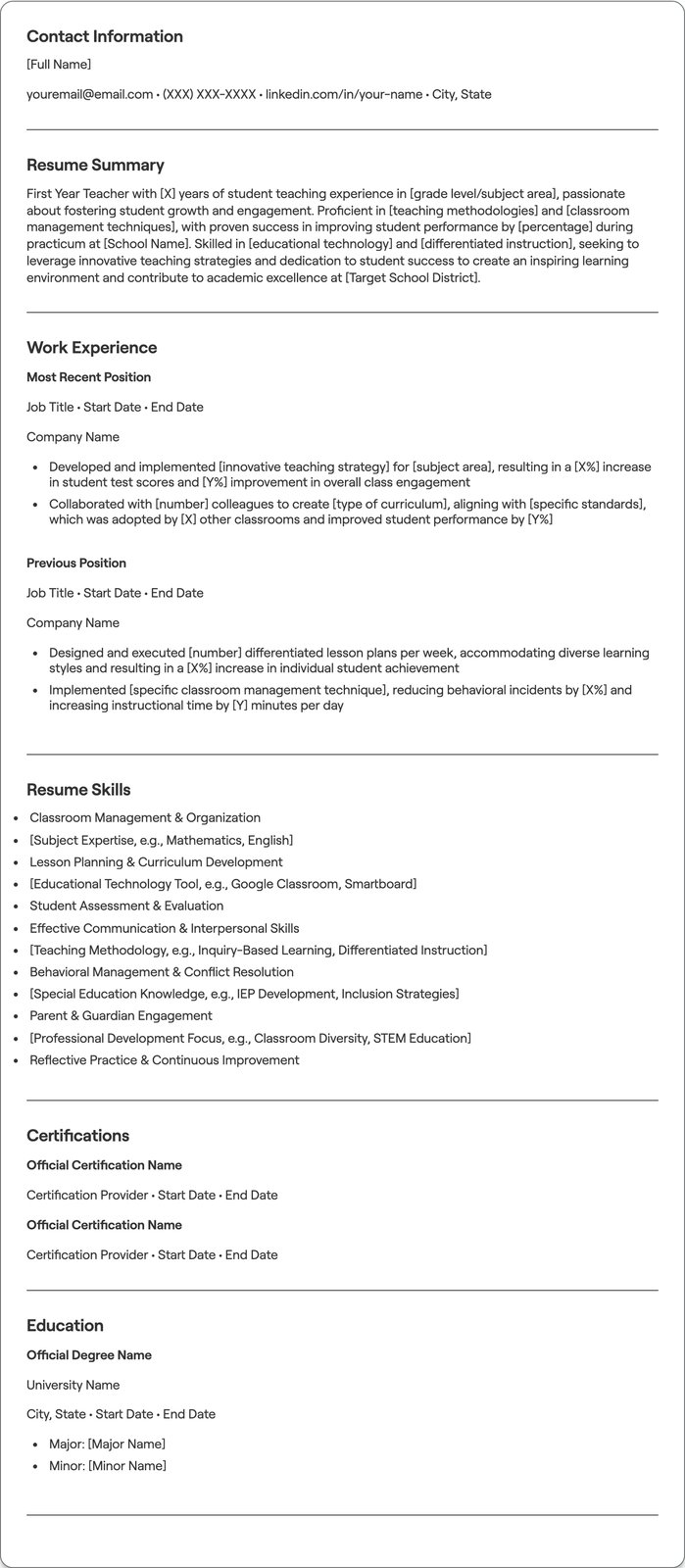First Year Teacher resume example