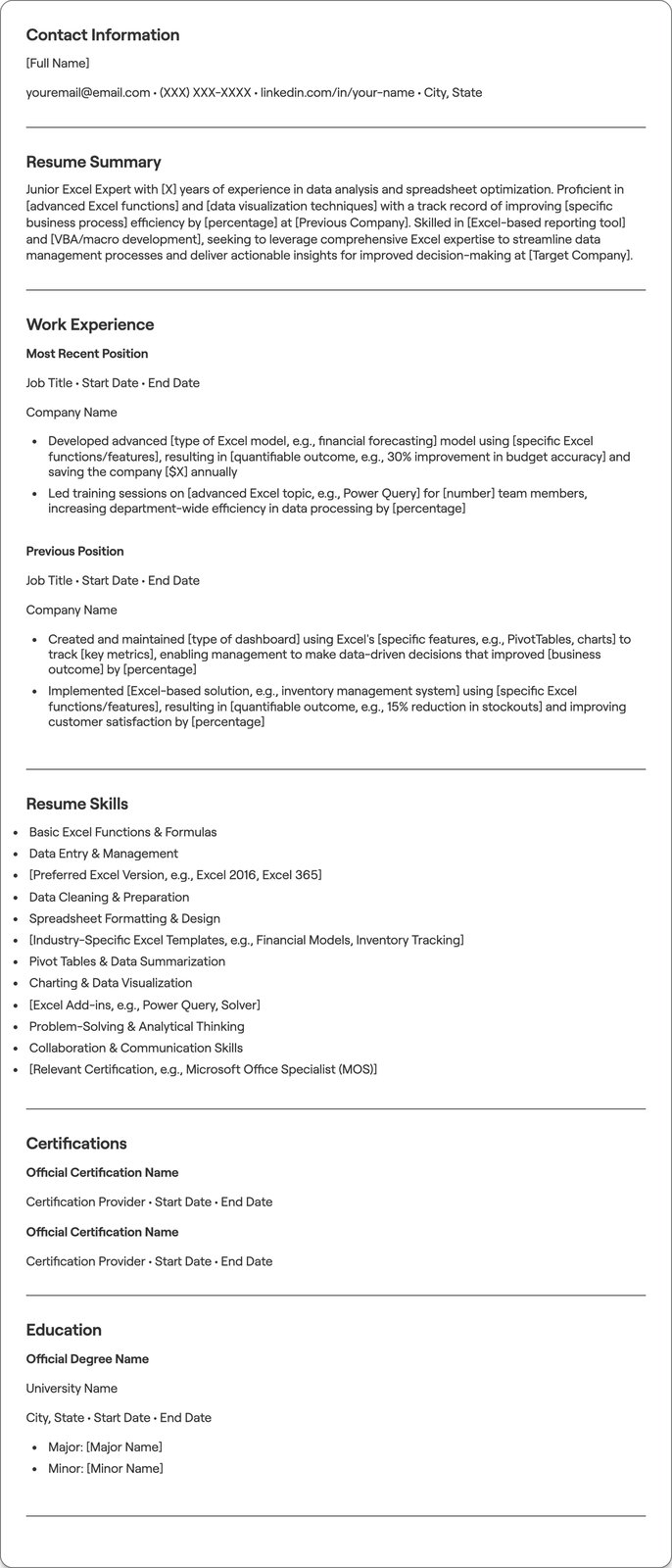 Junior Excel Expert resume example
