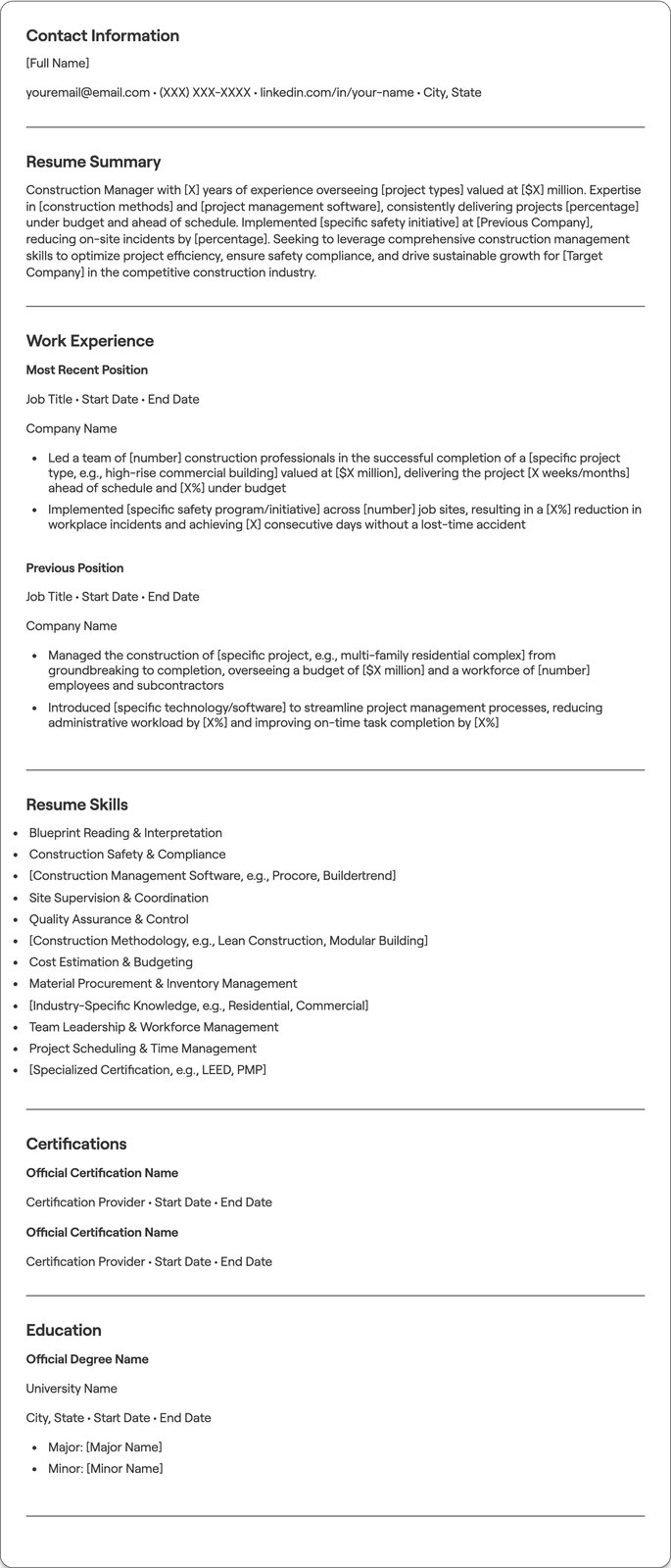 Construction resume example