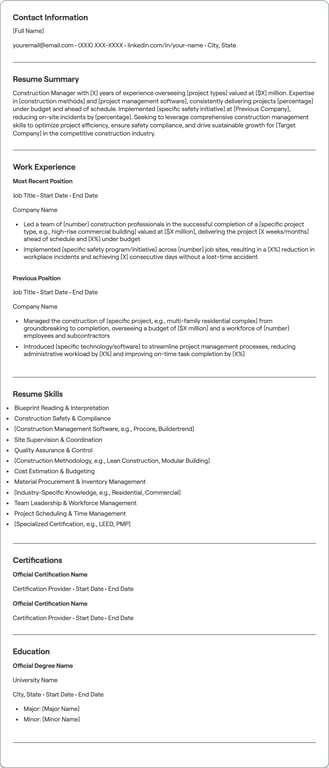 Construction resume example