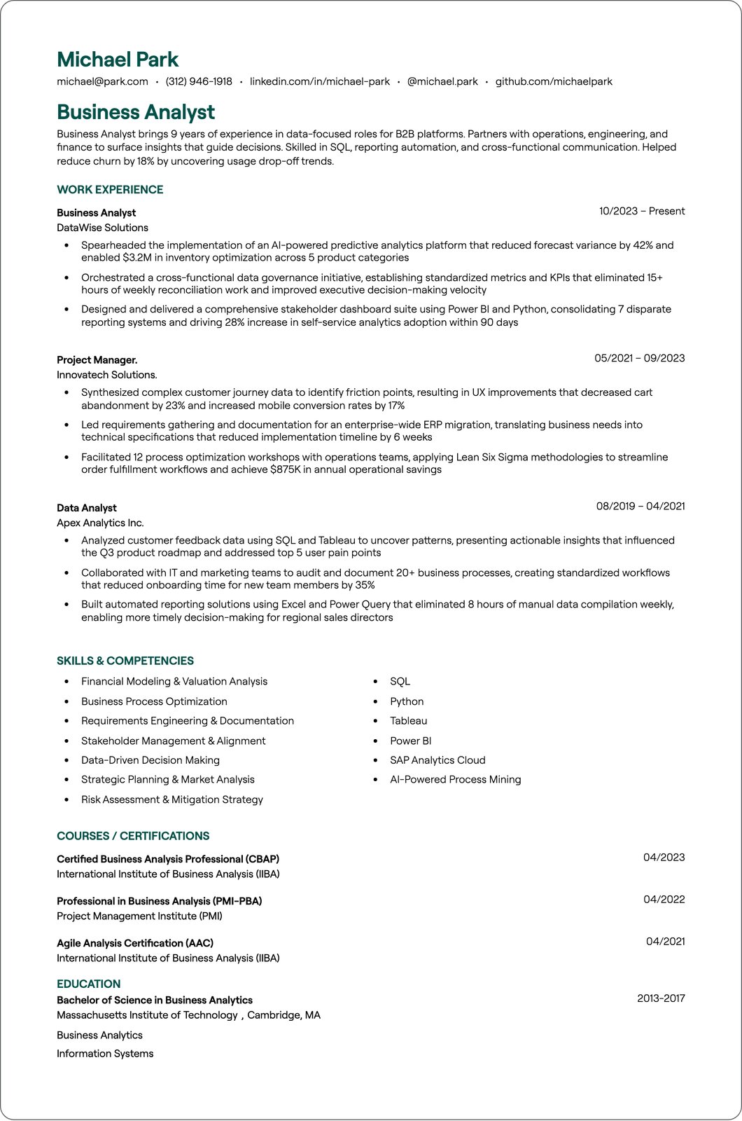 Requirements Analyst resume example
