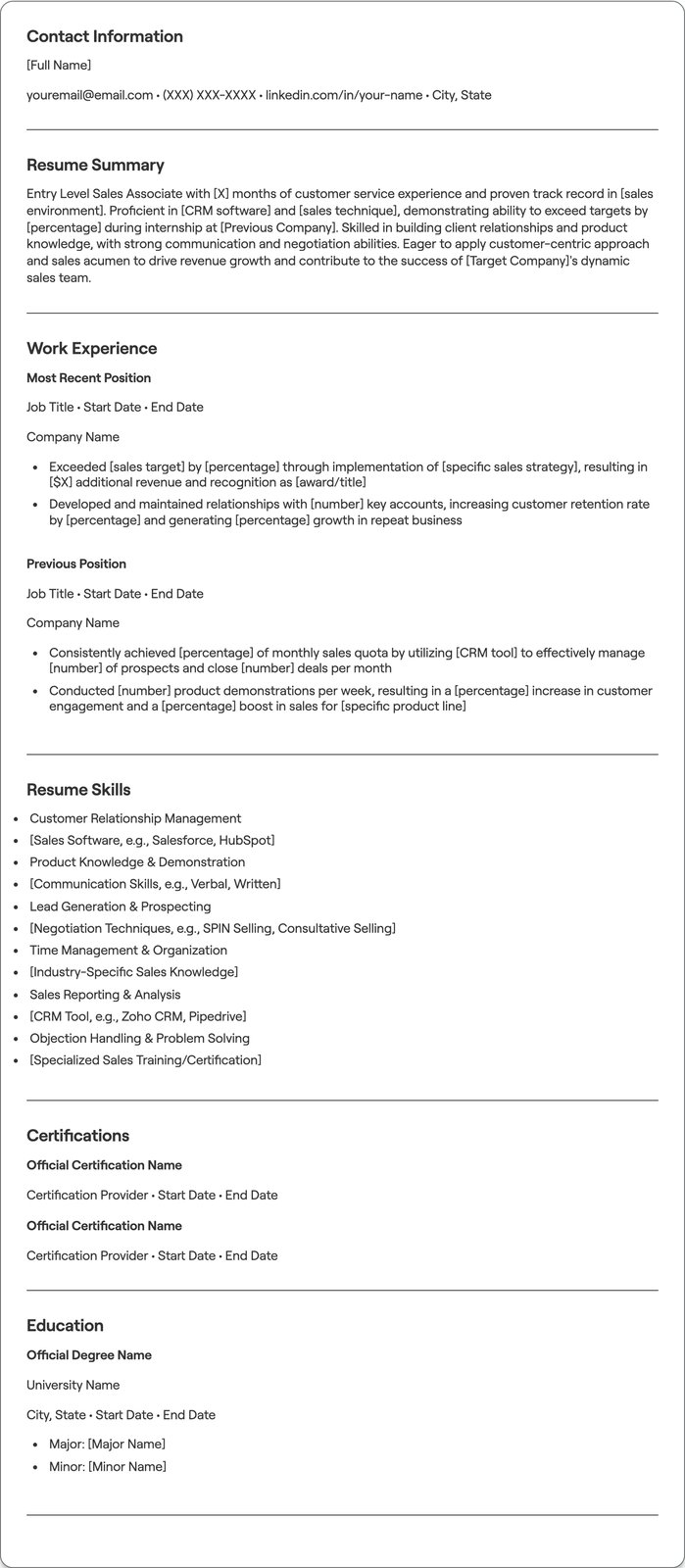 Entry Level Sales Associate resume example