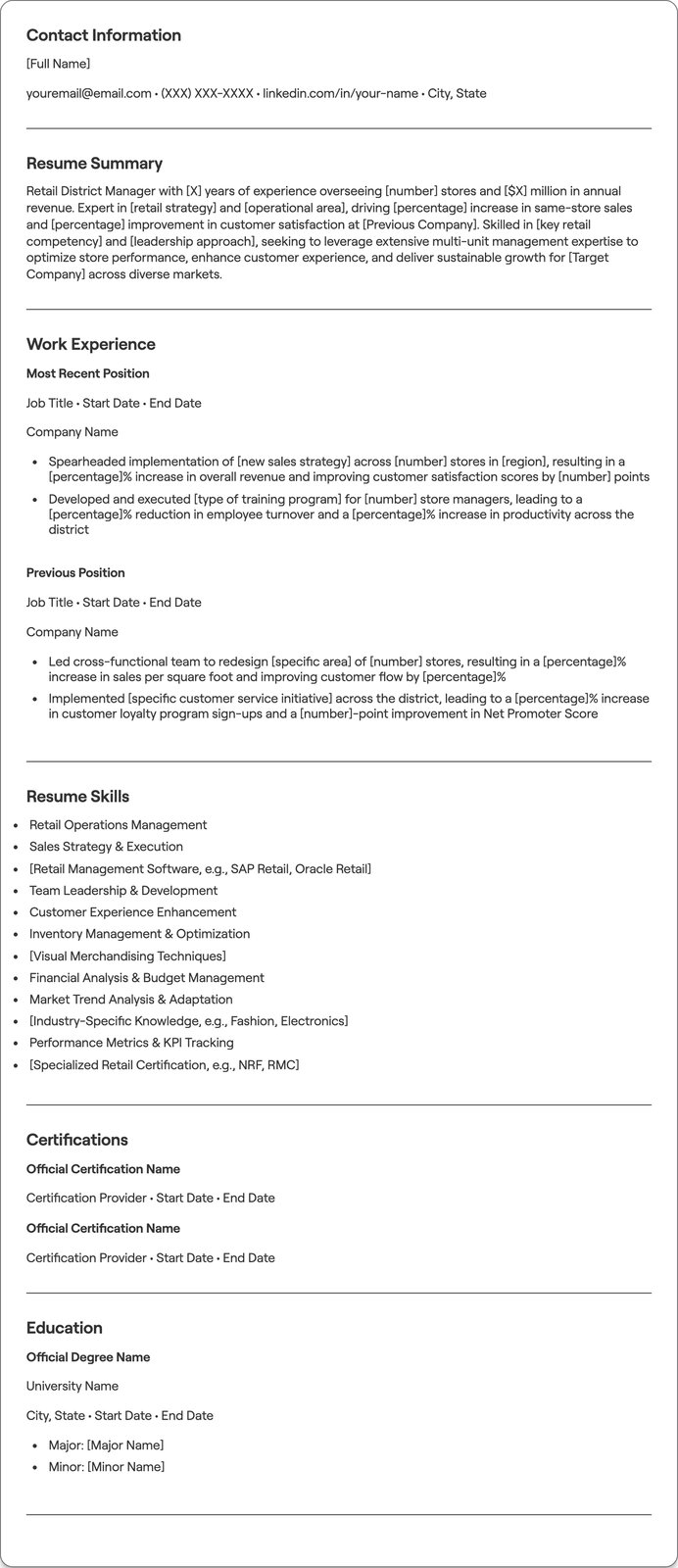 Retail District Manager resume example