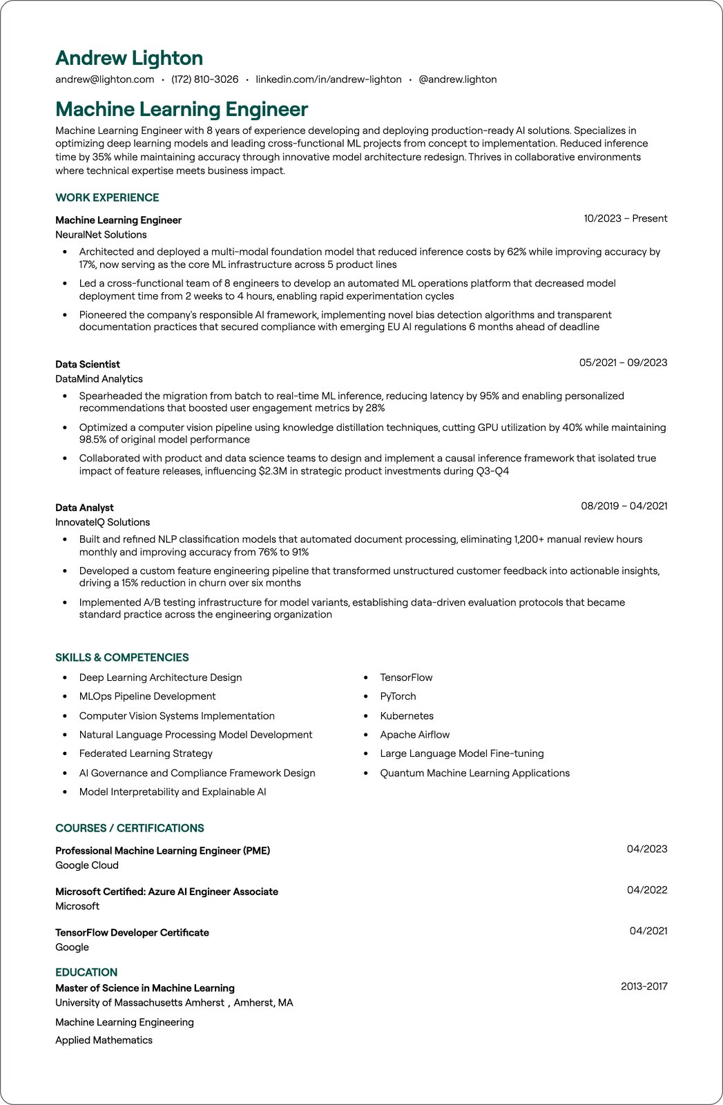 Senior Machine Learning Engineer resume example