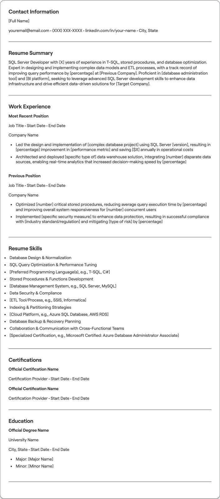 SQL Server Developer resume example