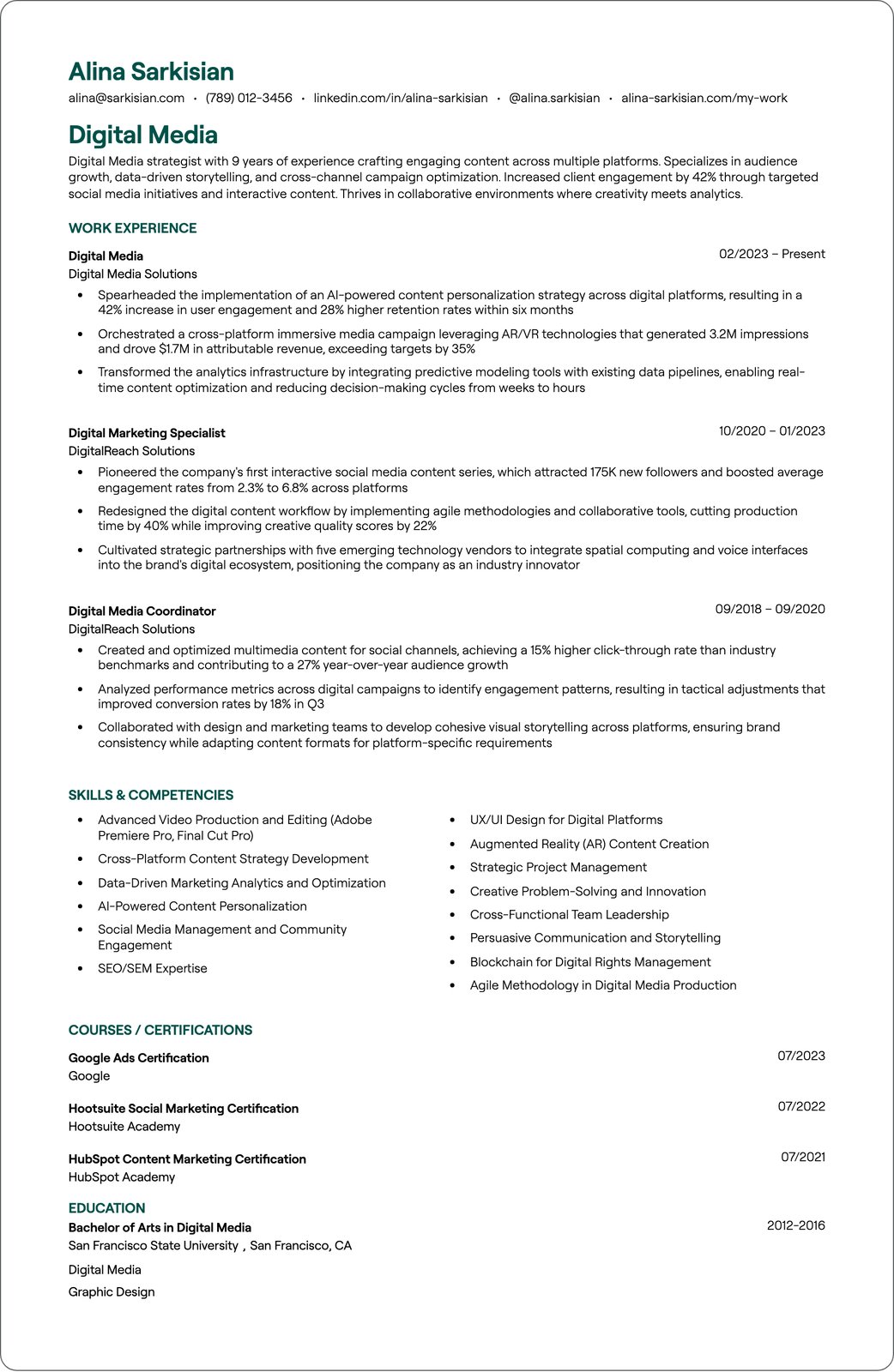 Digital Media Manager resume example