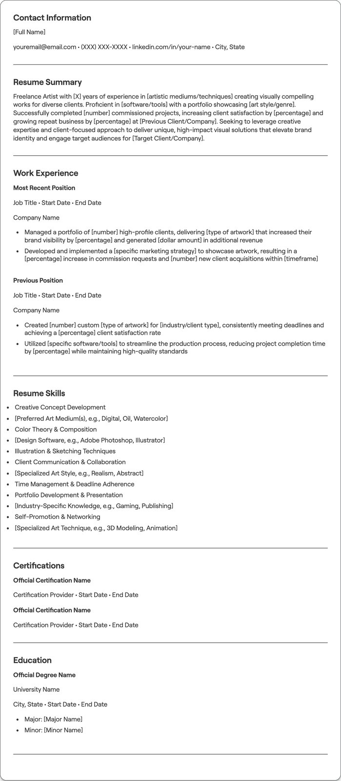 Freelance Artist resume example