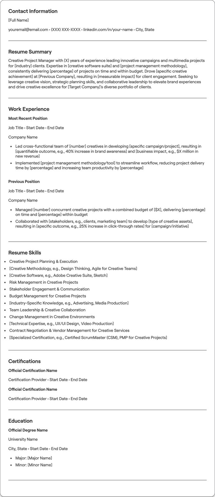 Creative Project Manager resume example