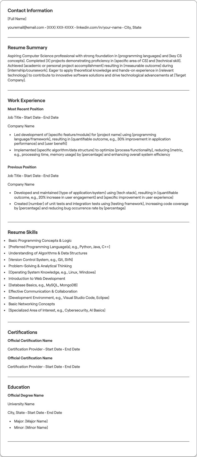 Beginner Computer Science resume example