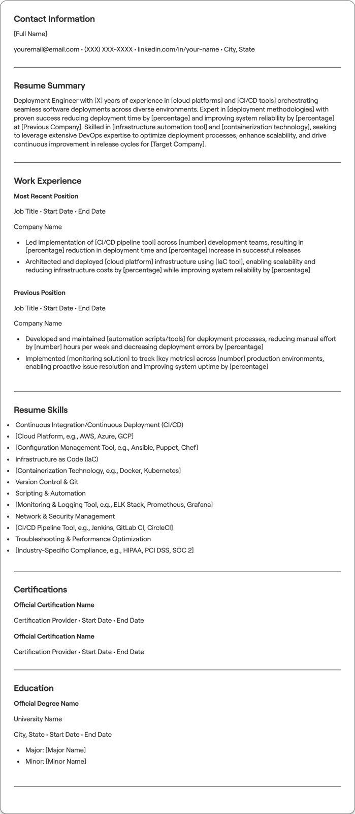 Deployment Engineer resume example