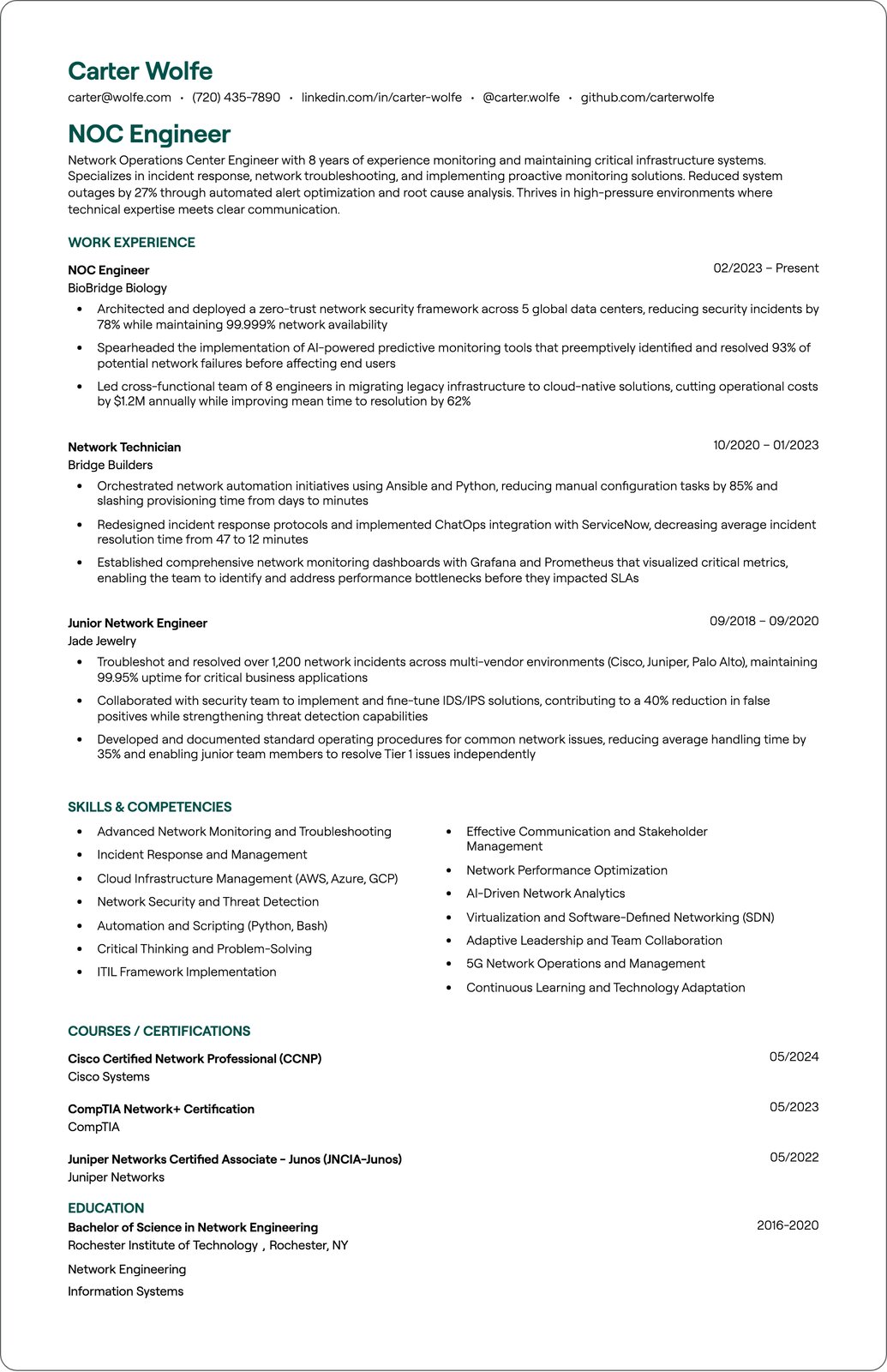 NOC Tier 1 Engineer resume example