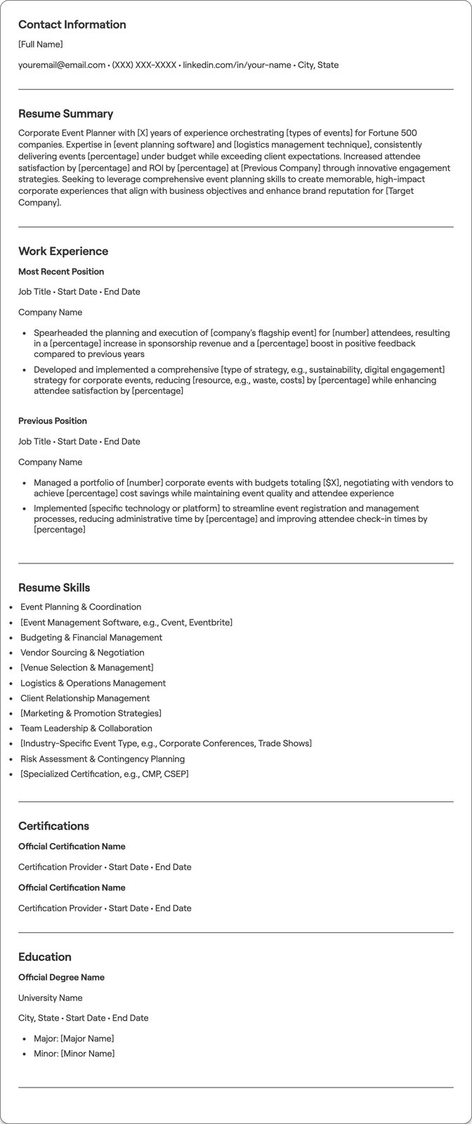 Corporate Event Planner resume example