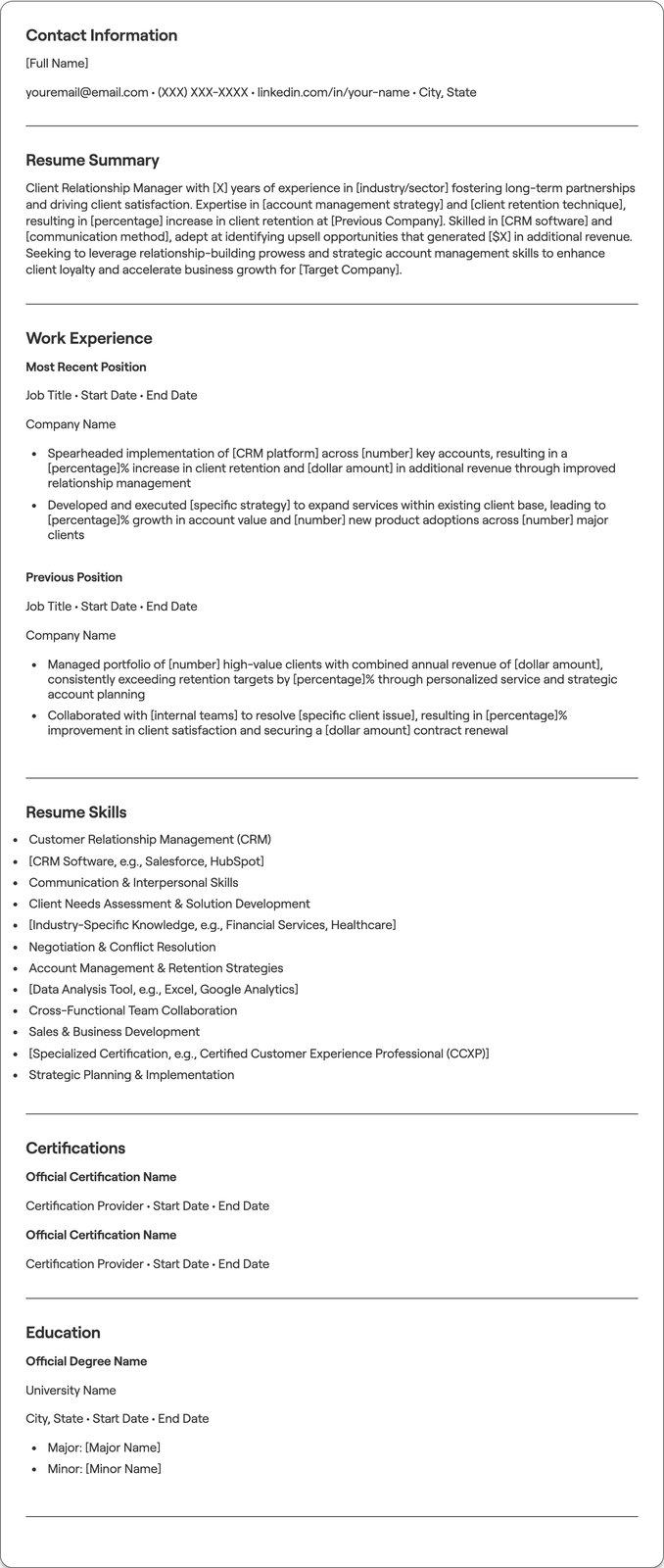 Client Relationship Manager resume example