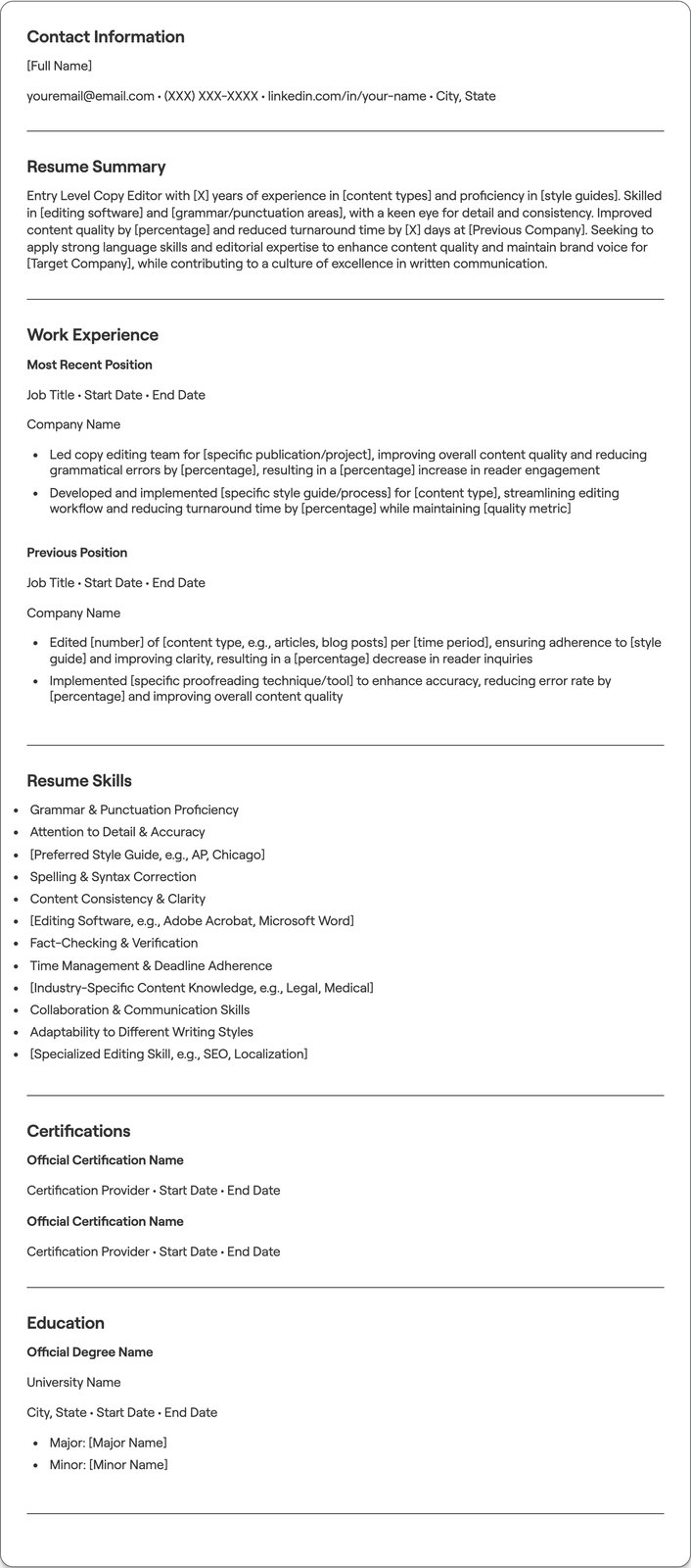 Entry Level Copy Editor resume example