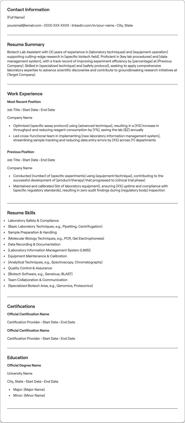 Biotech Lab Assistant resume example