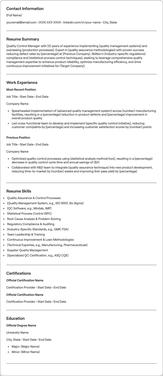 Quality Control Manager resume example