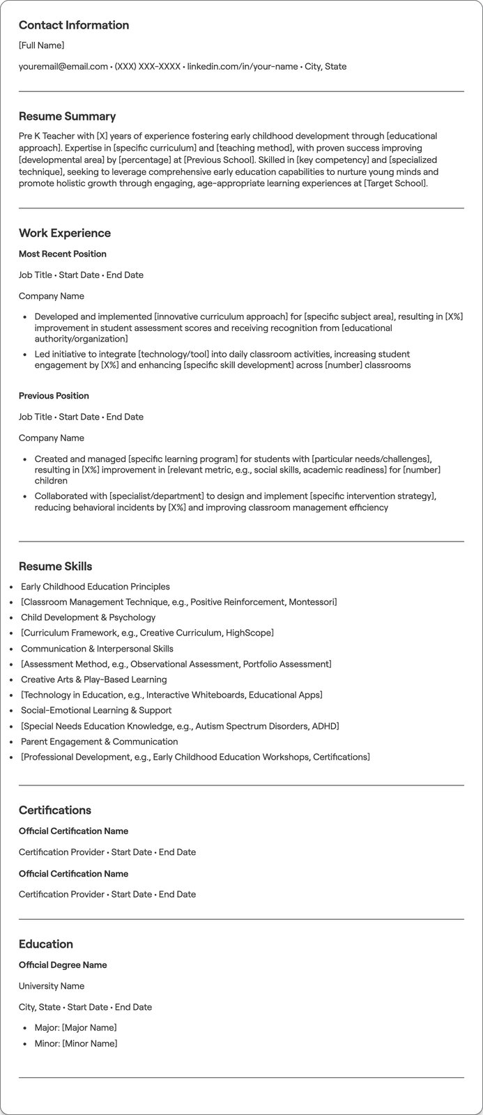 Pre K Teacher resume example