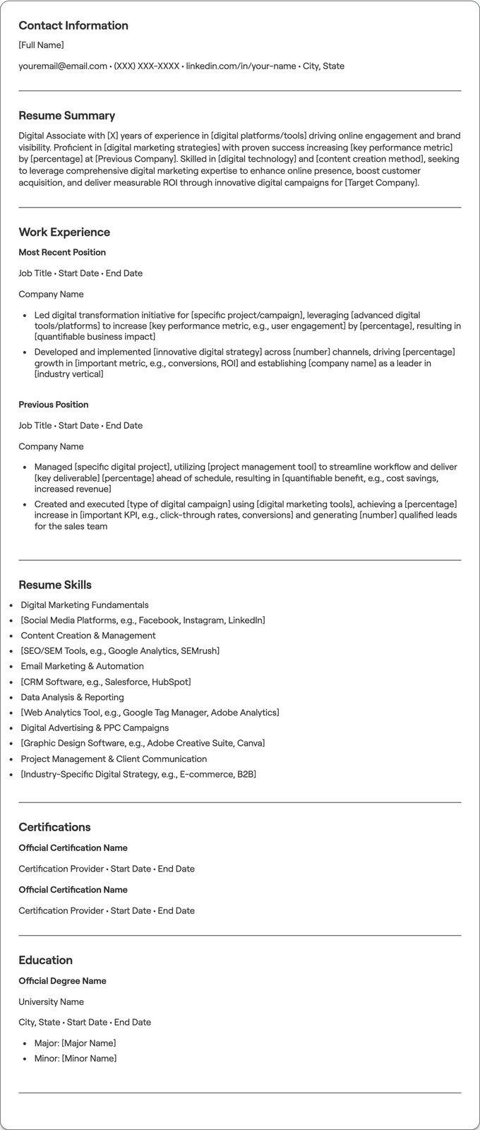 Digital Associate resume example