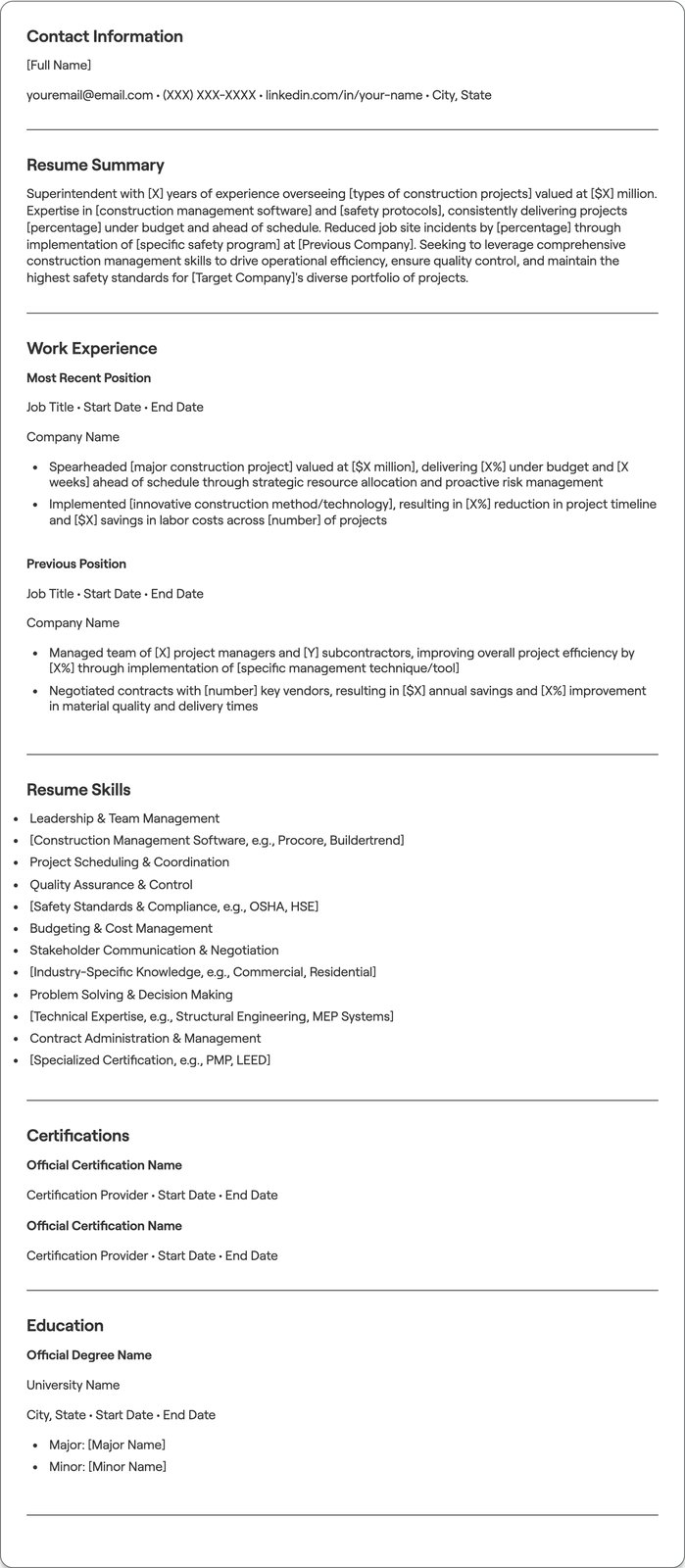 Superintendent resume example