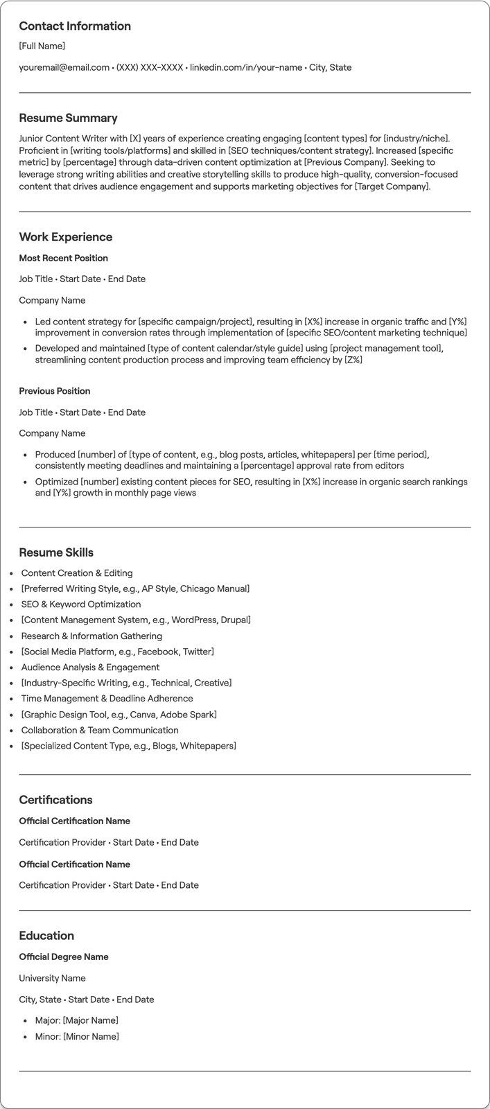 Junior Content Writer resume example
