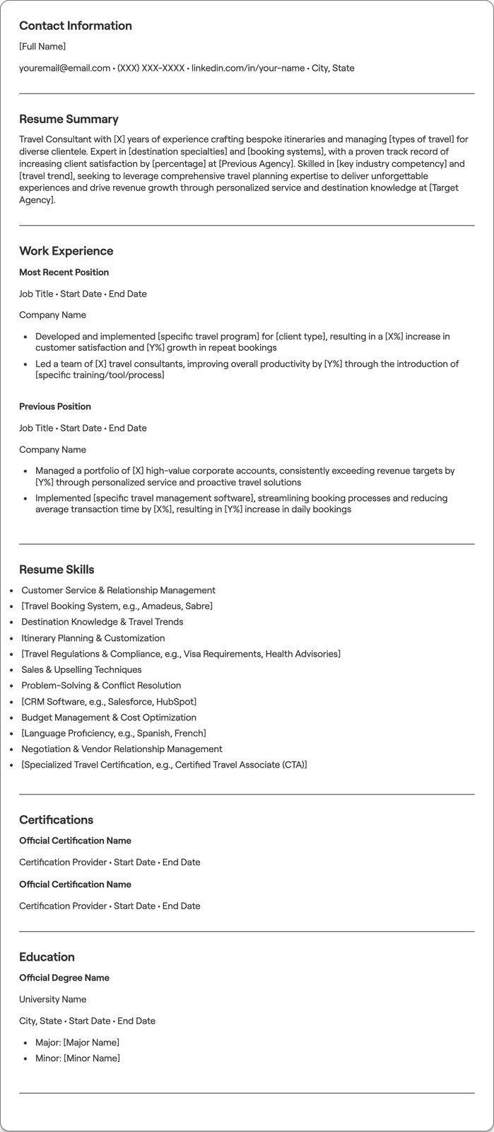 Travel Consultant resume example