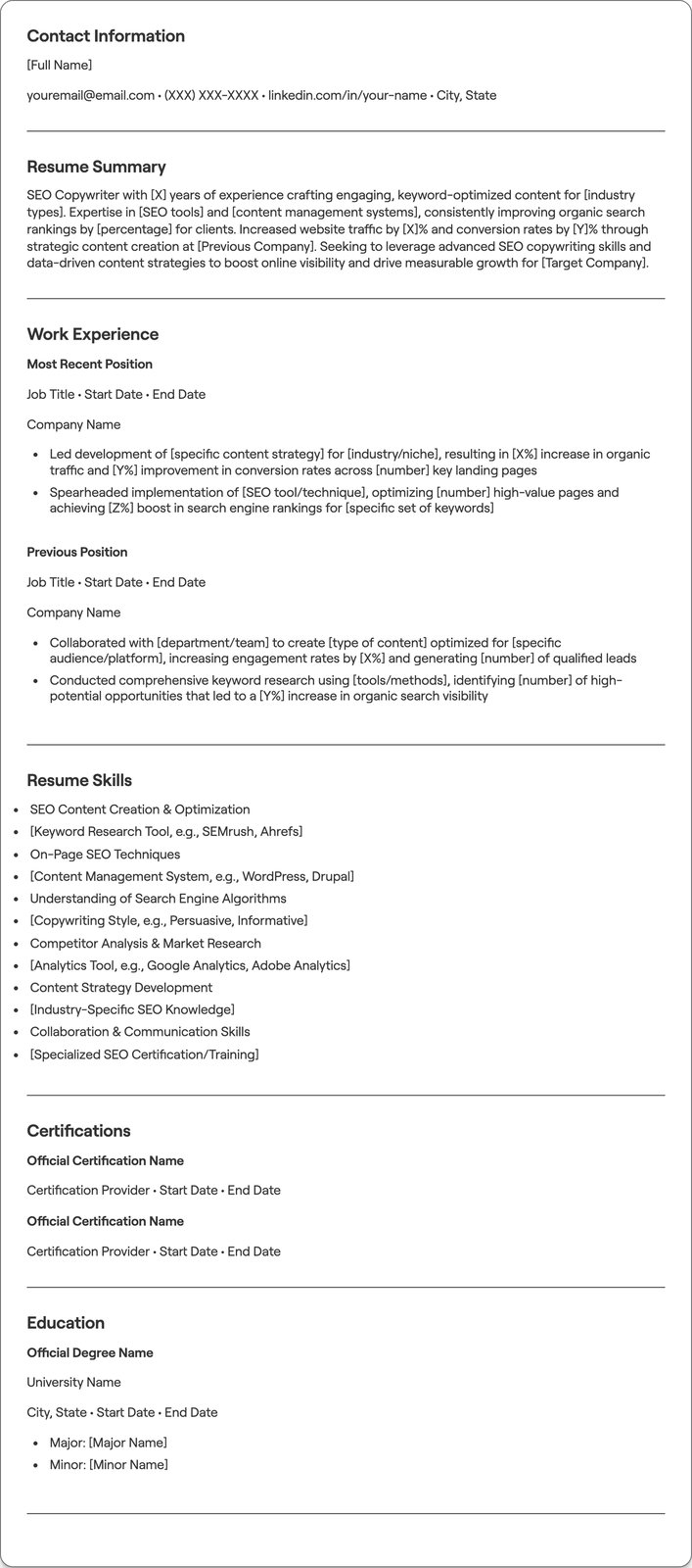 SEO Copywriter resume example