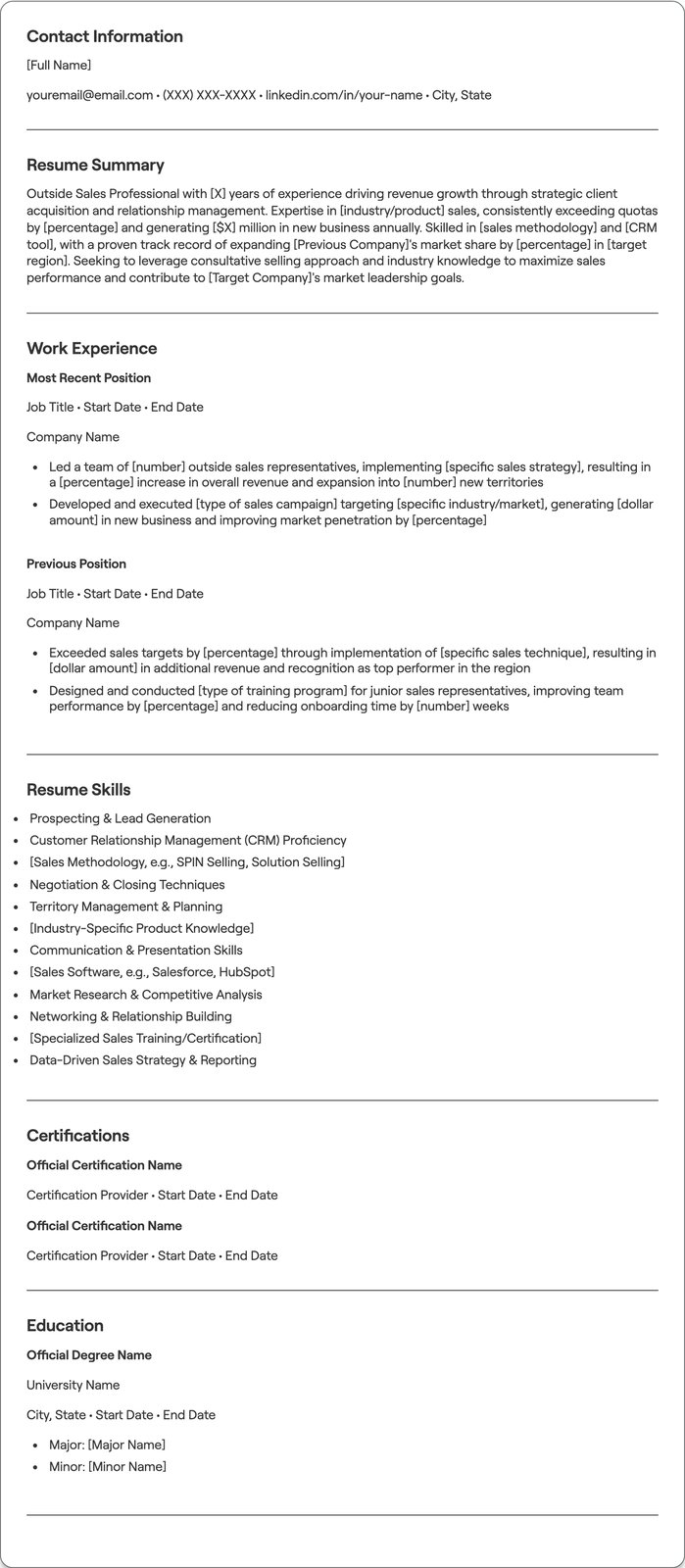 Outside Sales resume example