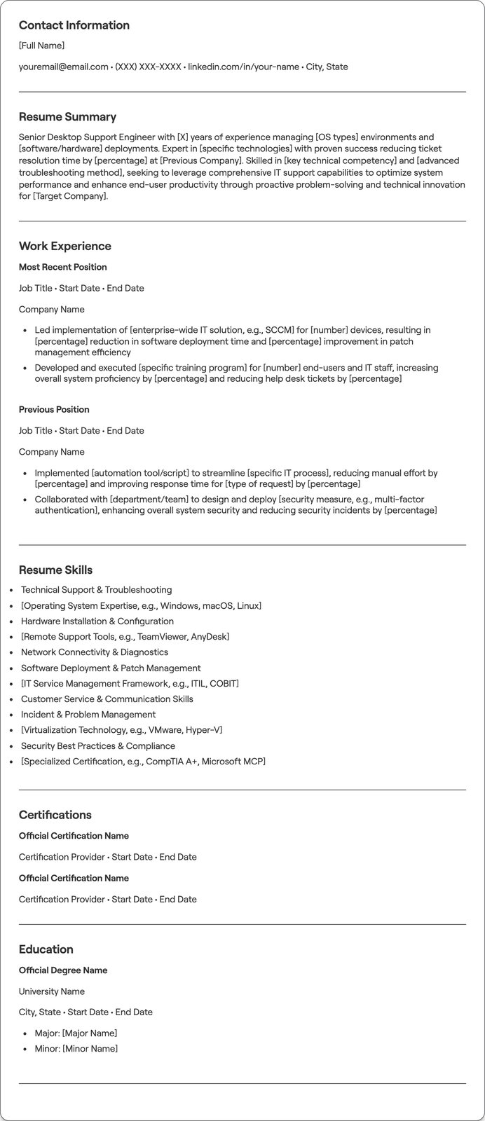 Senior Desktop Support Engineer resume example
