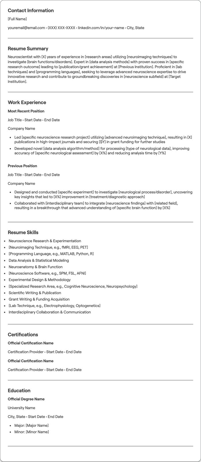 Neuroscientist resume example