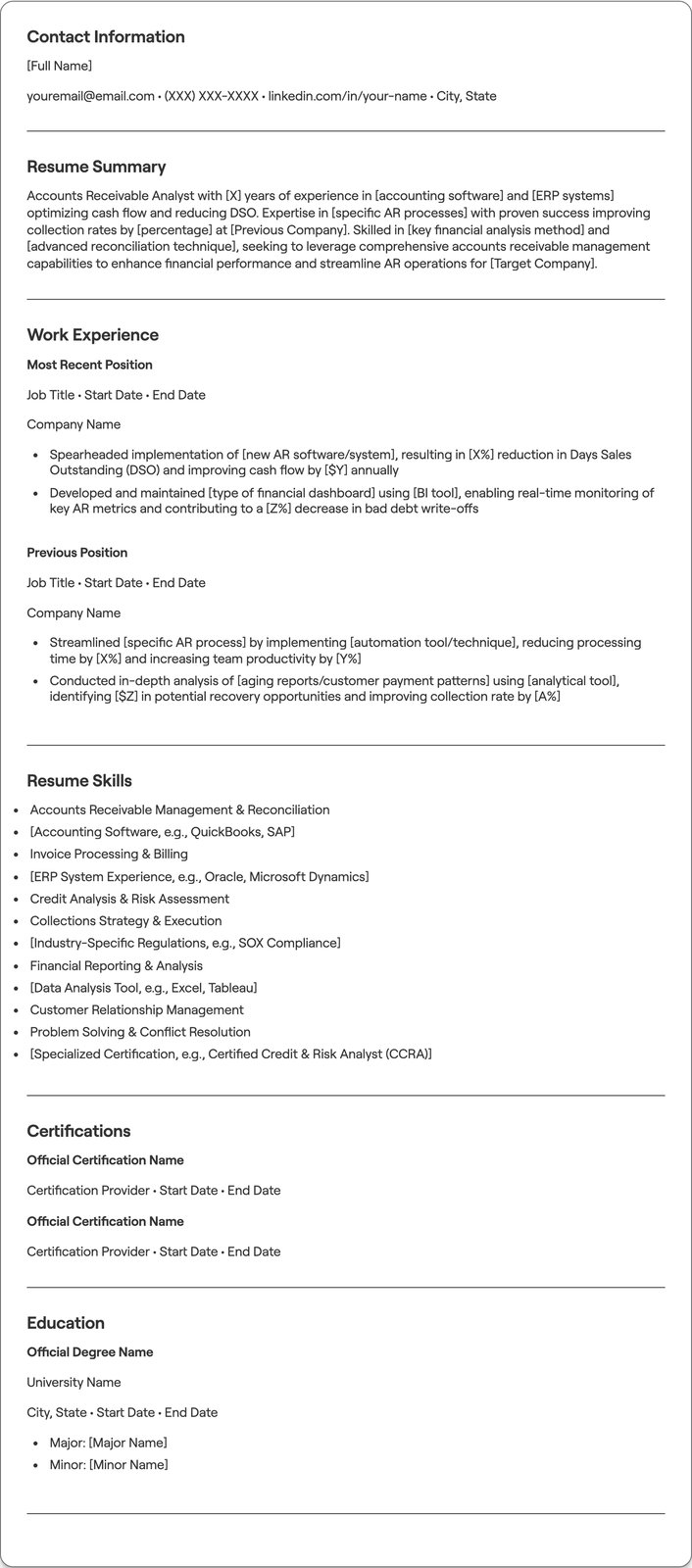 Accounts Receivable Analyst resume example