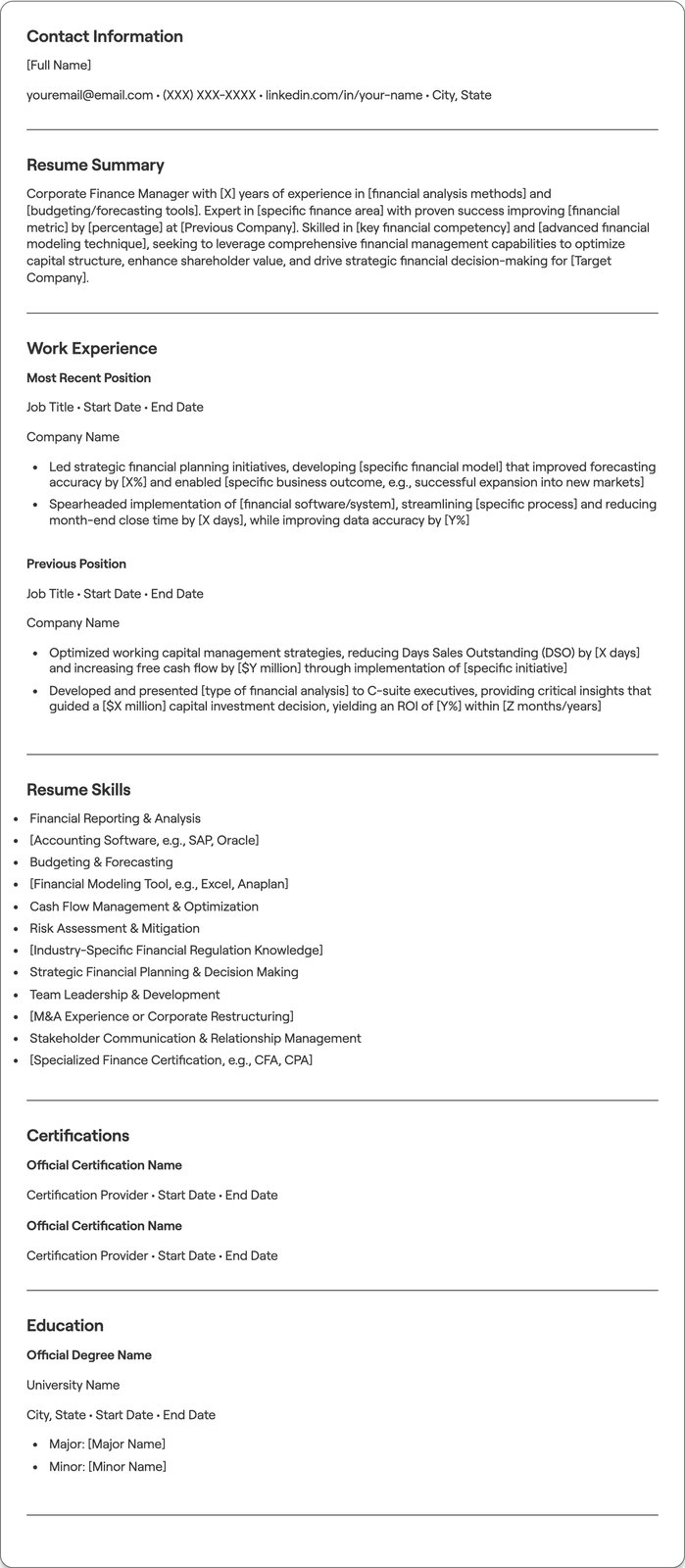 Corporate Finance Manager resume example