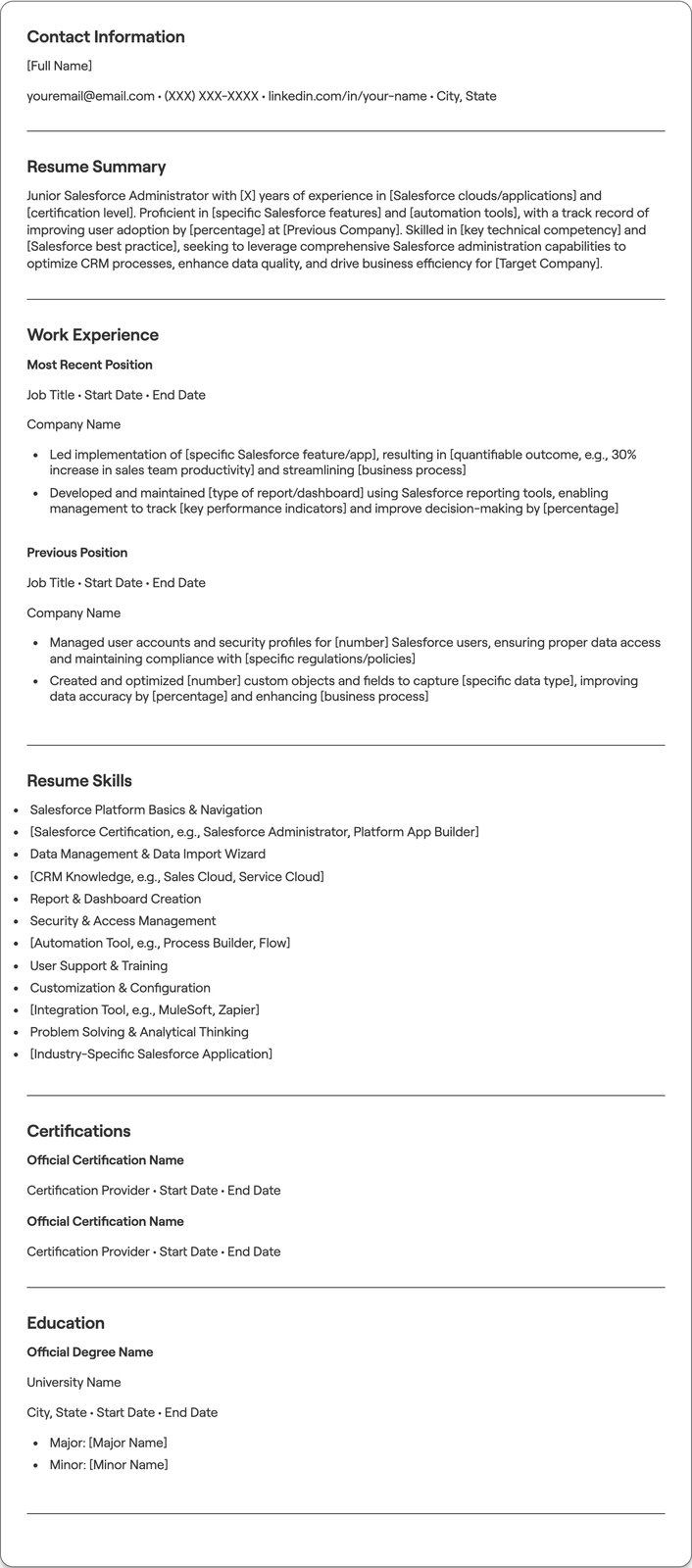Junior Salesforce Administrator resume example