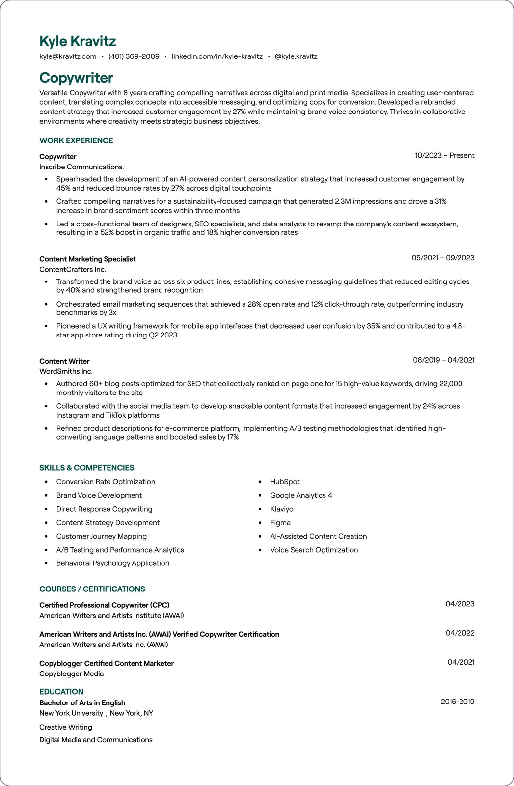 Senior Copywriter resume example