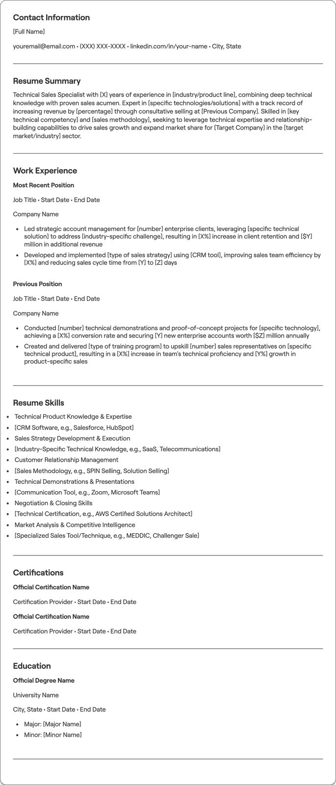 Technical Sales Specialist resume example