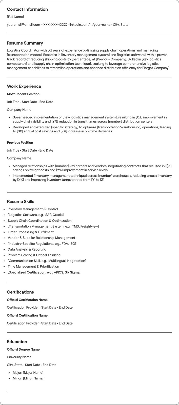 Logistics Coordinator resume example