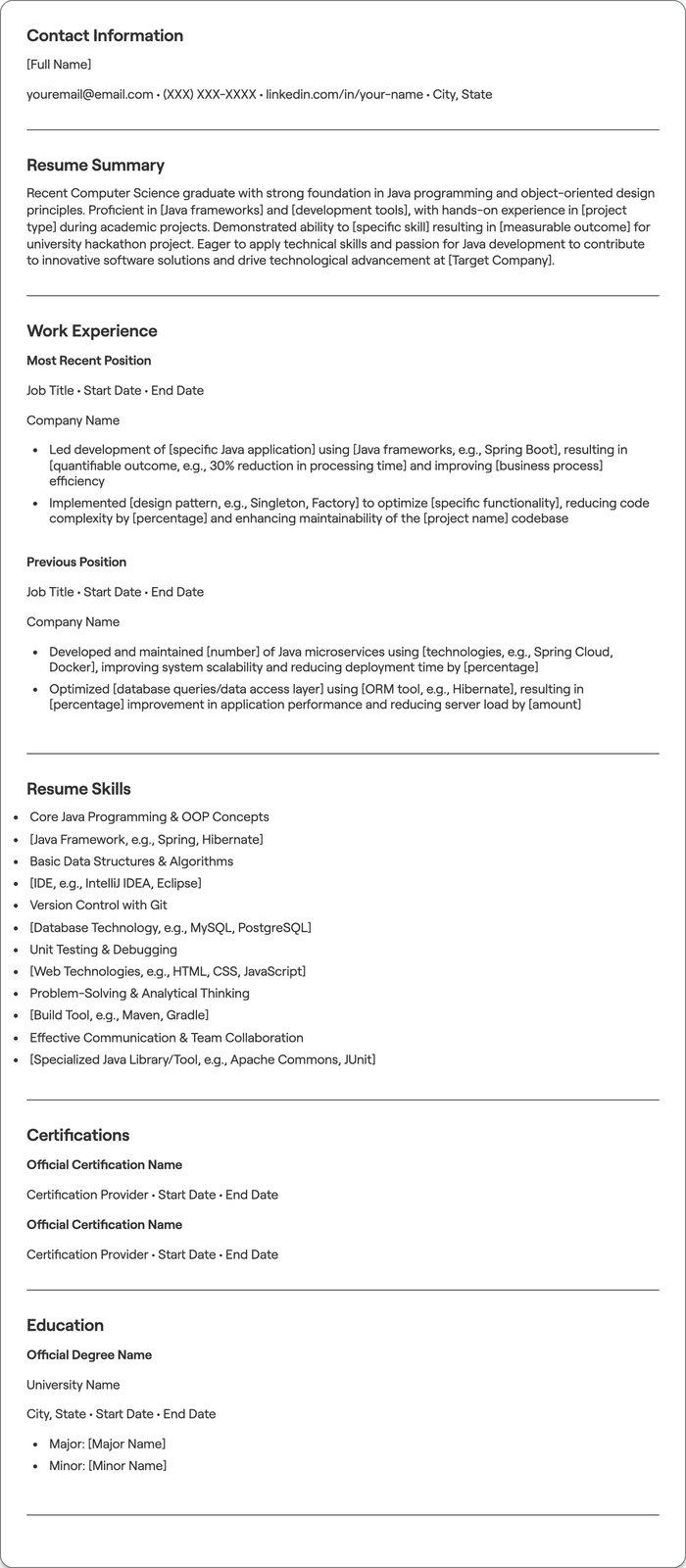 Fresher Java resume example