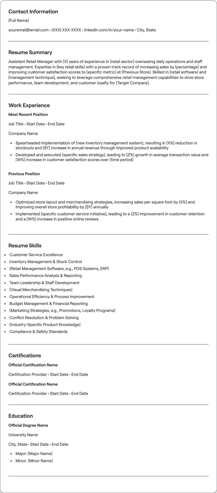Assistant Retail Manager resume example