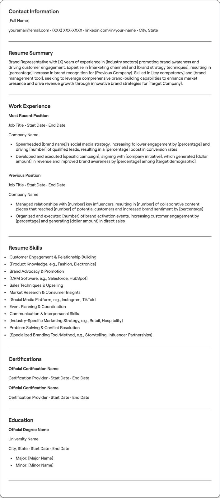 Brand Representative resume example