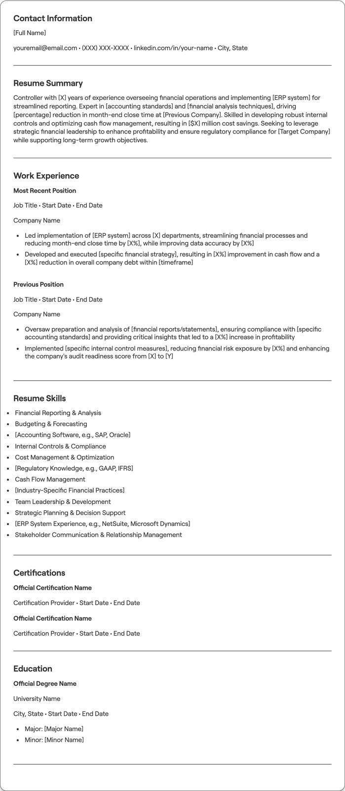 Controller resume example