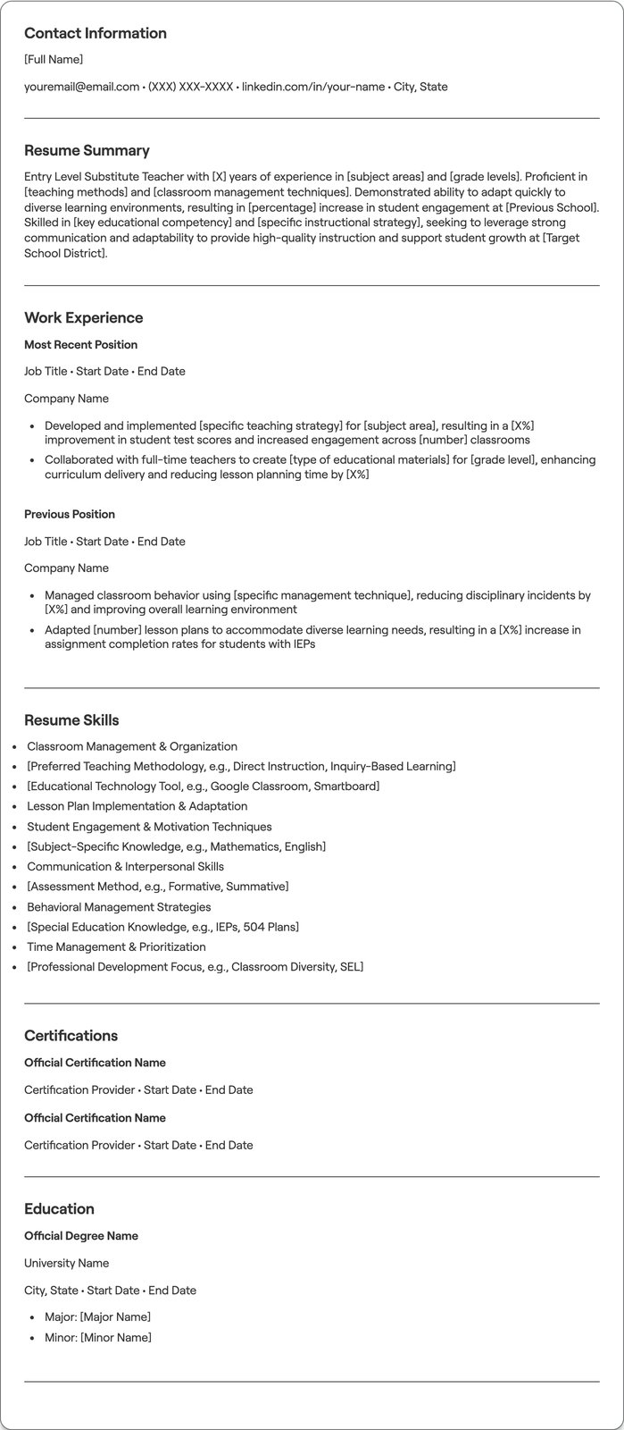Entry Level Substitute Teacher resume example