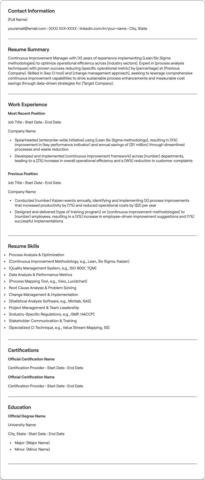 Continuous Improvement Manager resume example