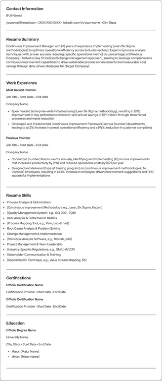 Continuous Improvement Manager resume preview