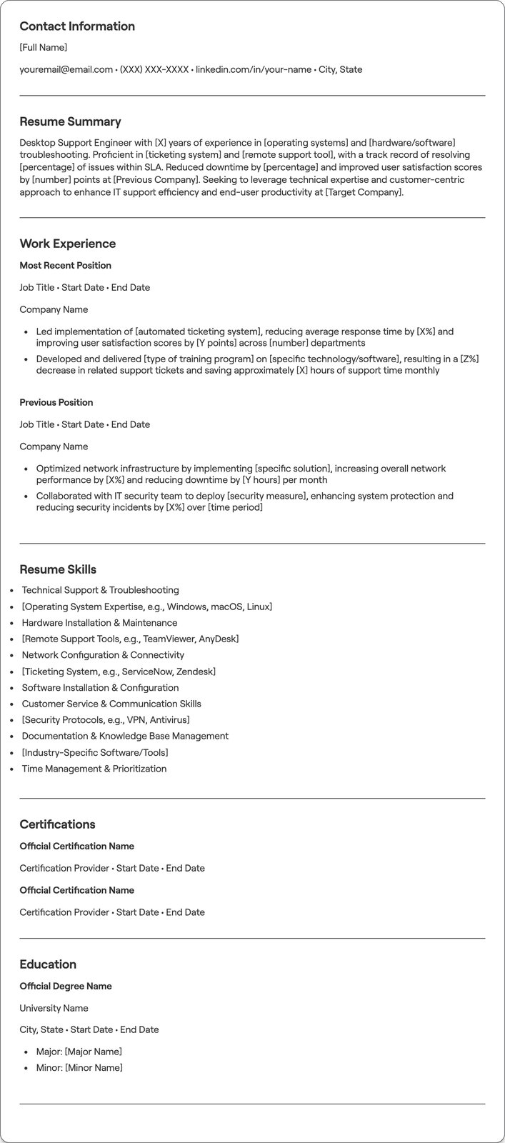 Desktop Support Engineer resume example