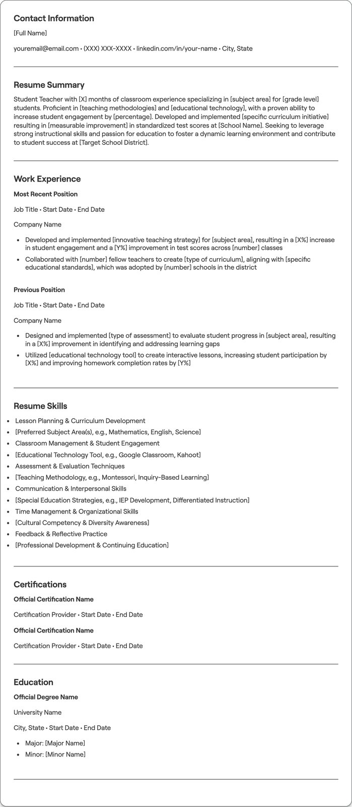 Student Teacher resume example