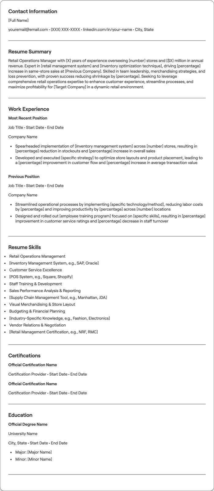 Retail Operations Manager resume example