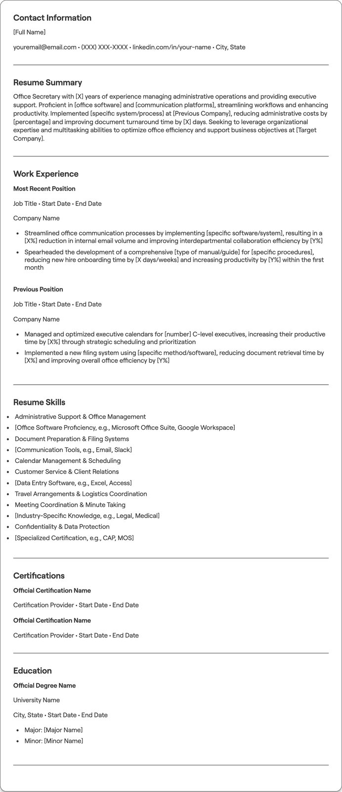 Office Secretary resume example